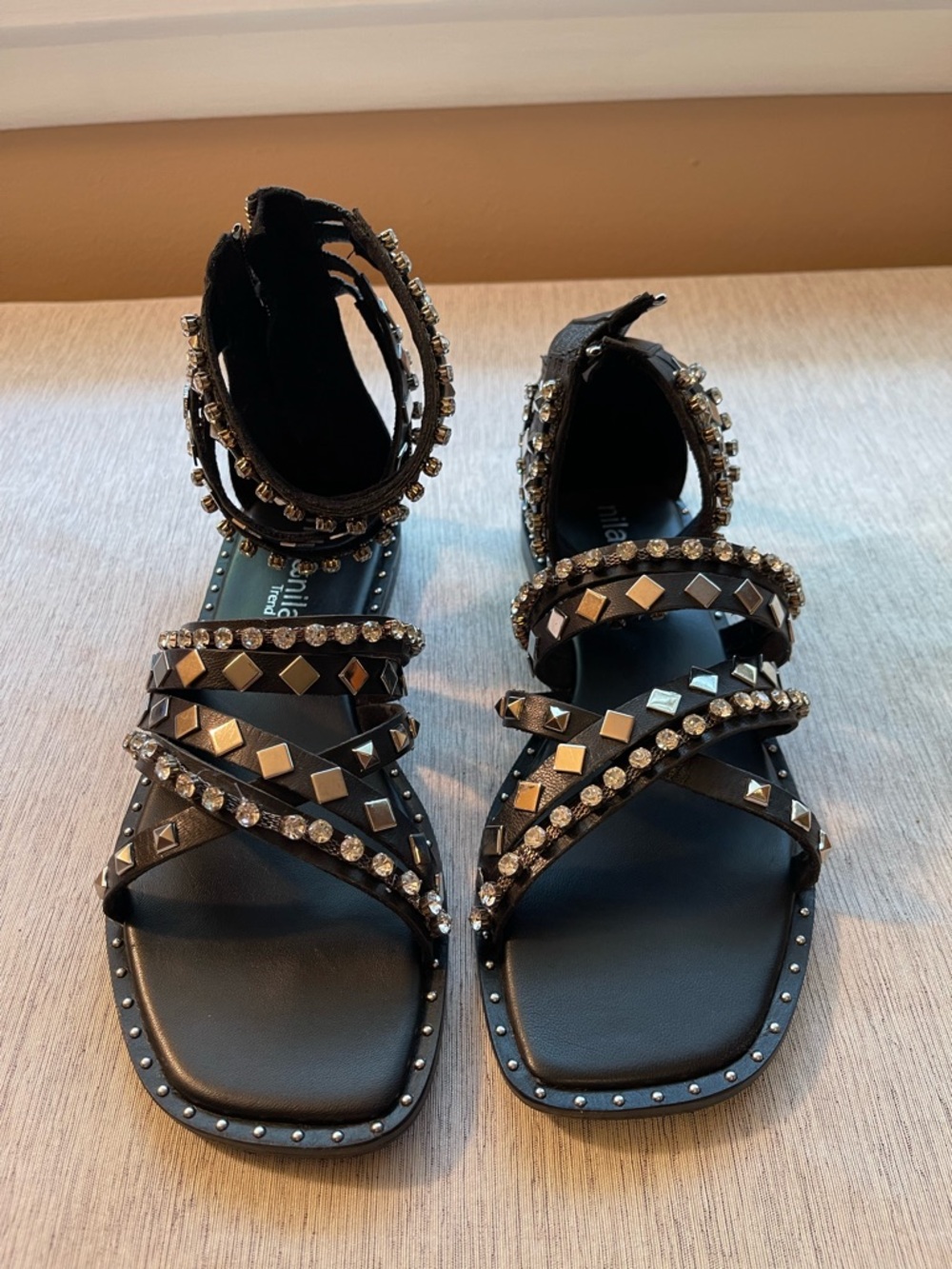 Black Studded & Crystal Strap Gladiator Sandals